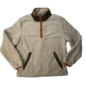 Sherpa Fleece Quarter Zip Men's‎ Large Cream Green Orange Pullover Sweatshirt